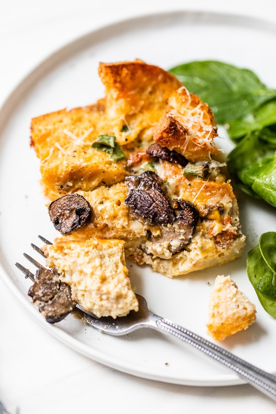 Breakfast Sausage and Mushroom Strata, a make-ahead breakfast casserole made with day old bread, eggs, cheese, sausage and mushrooms. You can make this with just about anything, just use your imagination!