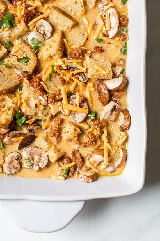 Breakfast Sausage and Mushroom Strata, a make-ahead breakfast casserole made with day old bread, eggs, cheese, sausage and mushrooms. You can make this with just about anything, just use your imagination!