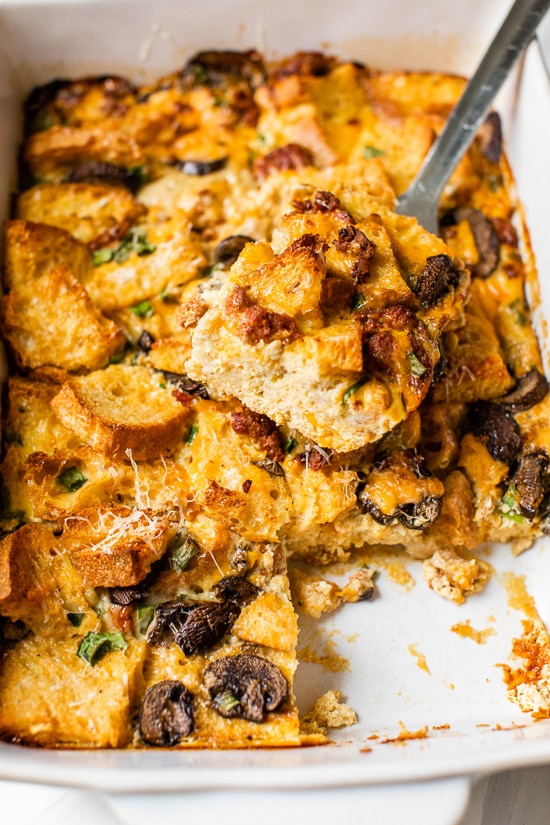 Breakfast Sausage and Mushroom Strata, a make-ahead breakfast casserole made with day old bread, eggs, cheese, sausage and mushrooms. You can make this with just about anything, just use your imagination!