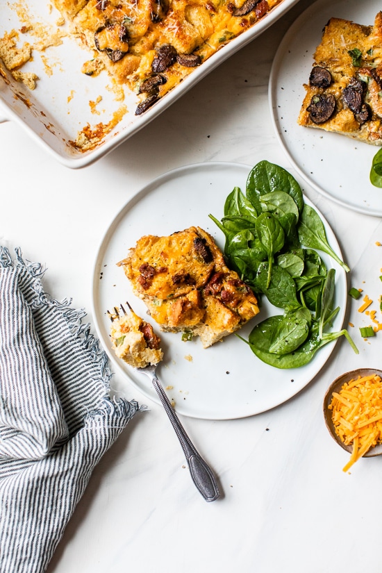 Breakfast Sausage and Mushroom Strata, a make-ahead breakfast casserole made with day old bread, eggs, cheese, sausage and mushrooms. You can make this with just about anything, just use your imagination!