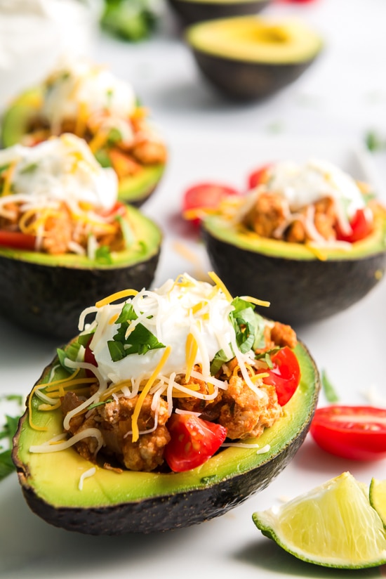 Taco Tuesday just got a little better with these low-carb Turkey Taco Stuffed Avocados – I'm obsessed!