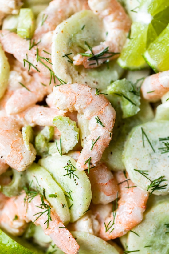 This Creamy Shrimp and Celery Salad is seasoned with Old Bay and lime juice and mixed in a light creamy sauce.