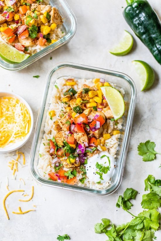 Chicken Taco Poblano Rice Bowls in a glass meal prep container.