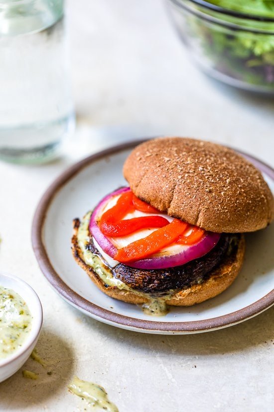 Portobello Mushroom Burger with Mozzarella and Pesto Mayo