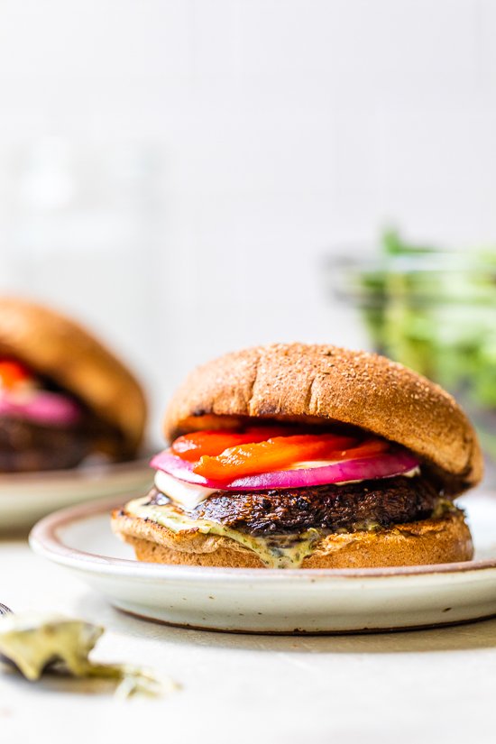 Portobello Mushroom Burger with Mozzarella and Pesto Mayo