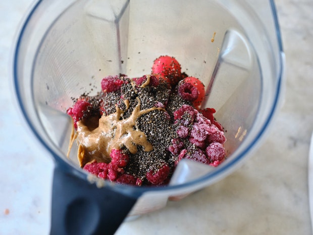 Watermelon Raspberry Breakfast Bowl Ingredients in a Blender