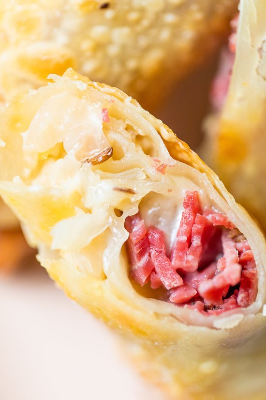 Pastrami Reuban Eggrolls close up.