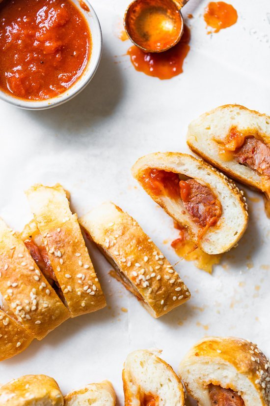 Pizza Sausage Rolls sliced.