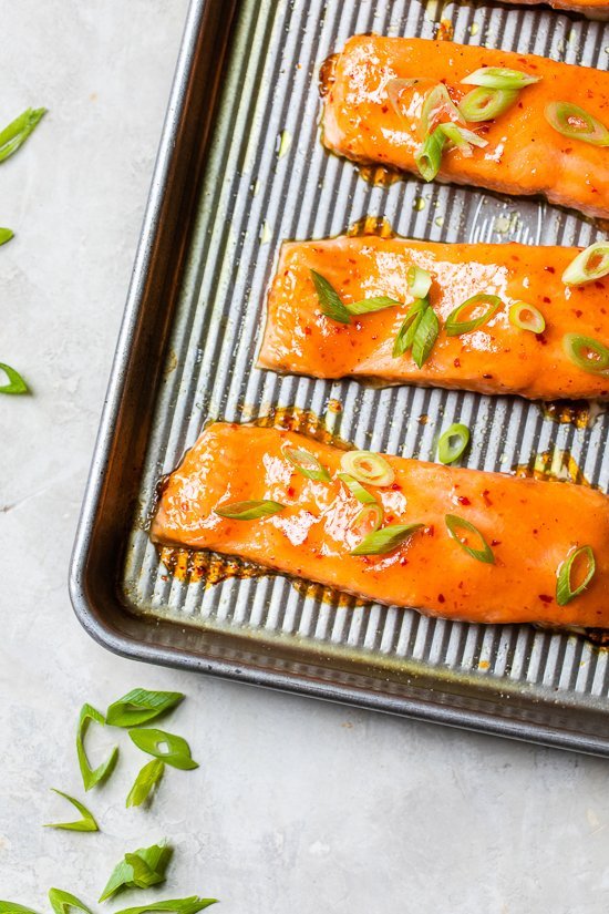 cooked salmon on a sheet pan