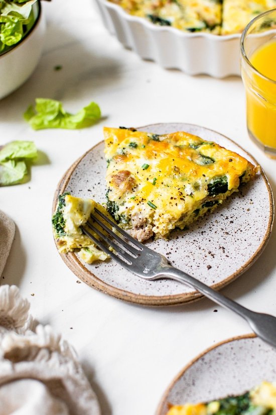 Crustless Sausage and Spinach Quiche on a plate.