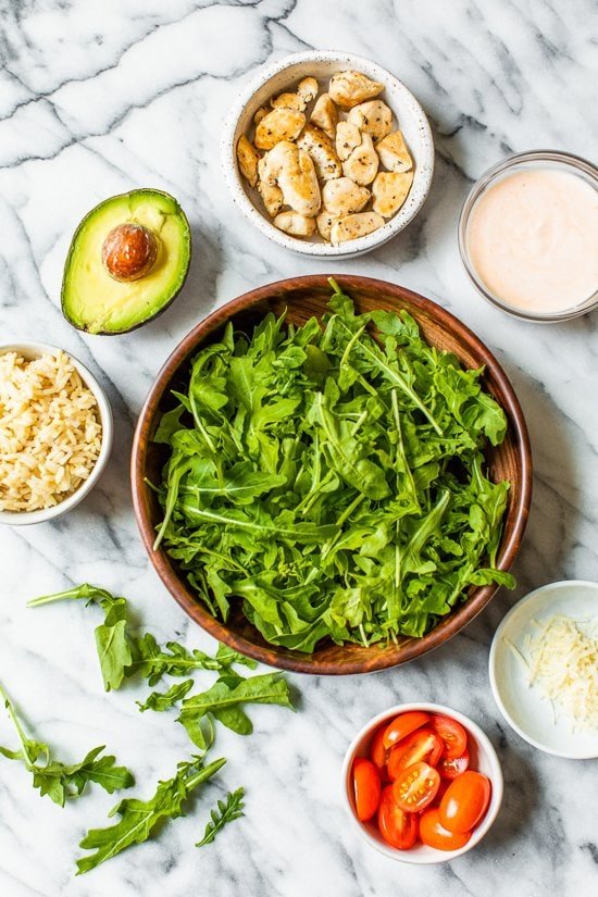 arugula, chicken, avocado, brown rice