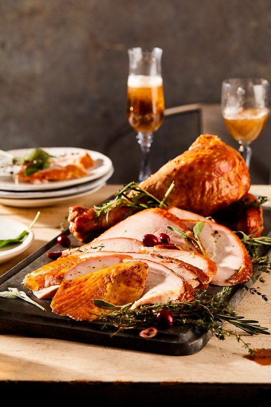 This Herb and Salt-Rubbed Dry Brined Turkey comes out so moist and flavorful, with crispy golden skin and juicy tender meat.