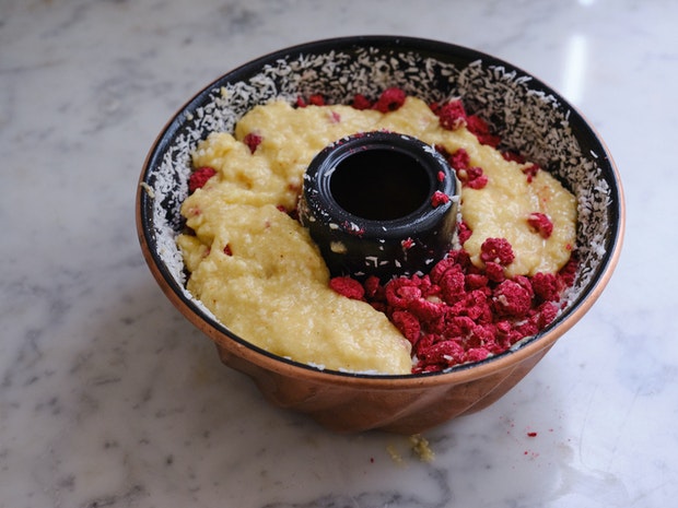 Layering Cake Batter with Raspberries